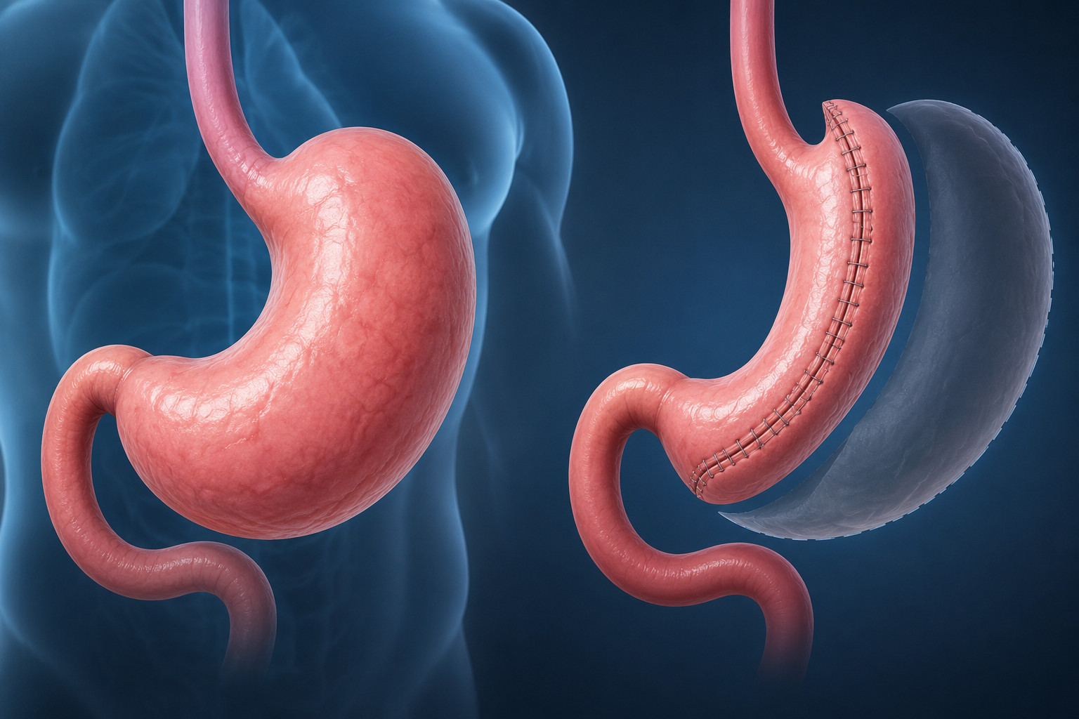 Ilustración de una gastroplastia endoscópica que muestra el estómago antes y después de la reducción de su capacidad mediante suturas internas para el tratamiento del sobrepeso y la obesidad.